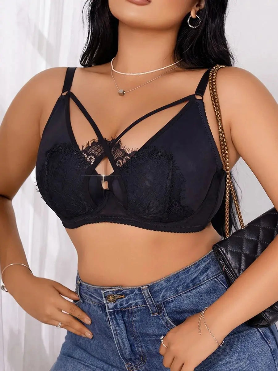 Women's Plus Size Lingerie Half Cup Gathered Push Up Front Button Lace Cross Design Suitable For Voluptuous Women XL-XXXL MR2895