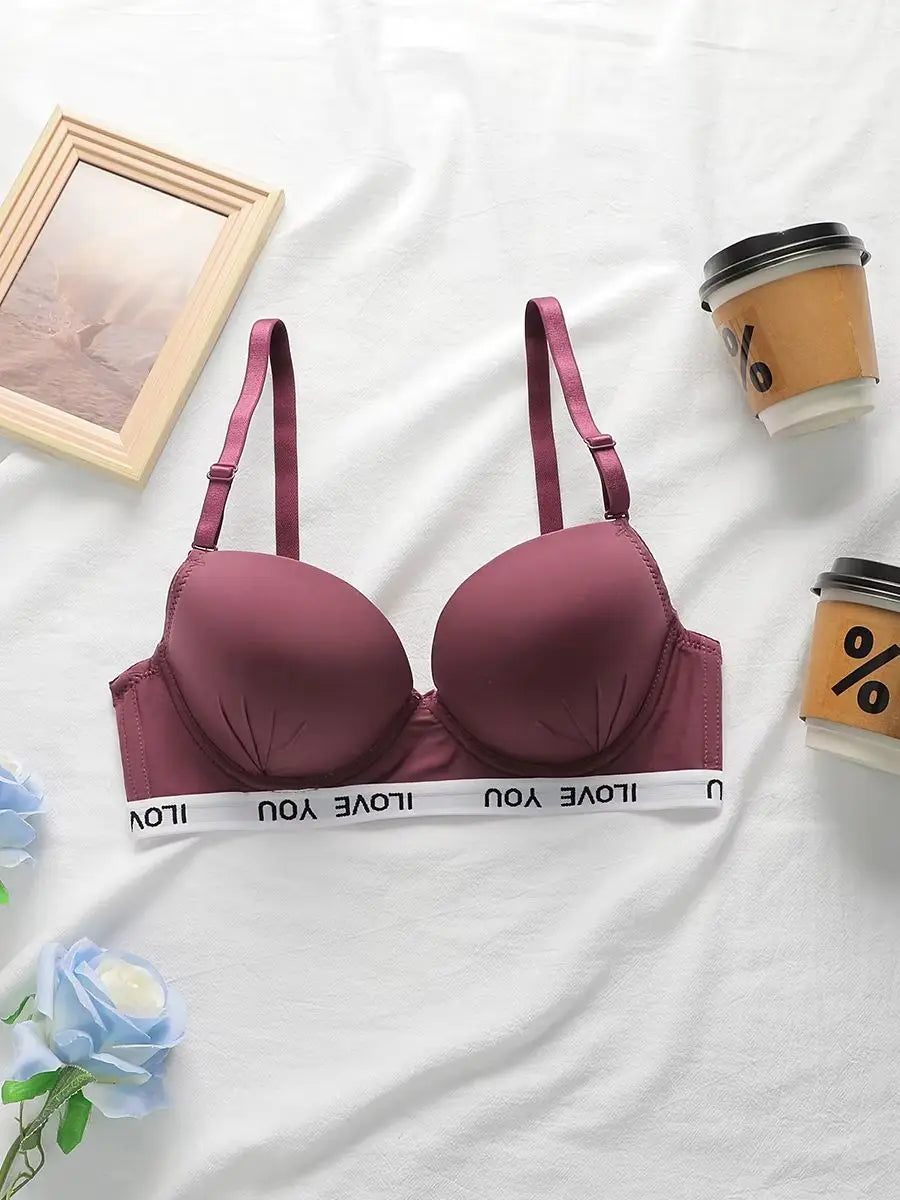 Underwired Push Up Bra Women Letter Printed Underband Adjustable Thin Straps Support Gathering Daily Lingerie B6067