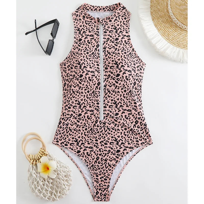 Zebra Print One Piece Swimsuit Woman High Neck Bodysuit Zipper Swimwear Beach Wear Leopard 2024 Bathing Suits Holiday Summer