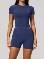 Seamless Yoga Sets Women Short Sleeve O Neck Slim Sports T Shirts Gym Outfits Abdominal Compression Shorts Running Fitness Suit