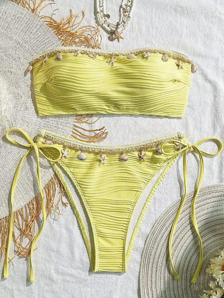 XS - XL Wrinkled Shells Bandeau Bikini Women Swimwear Female Swimsuit Two-pieces Bikini Set Bather Bathing Suit Swim Beachwear