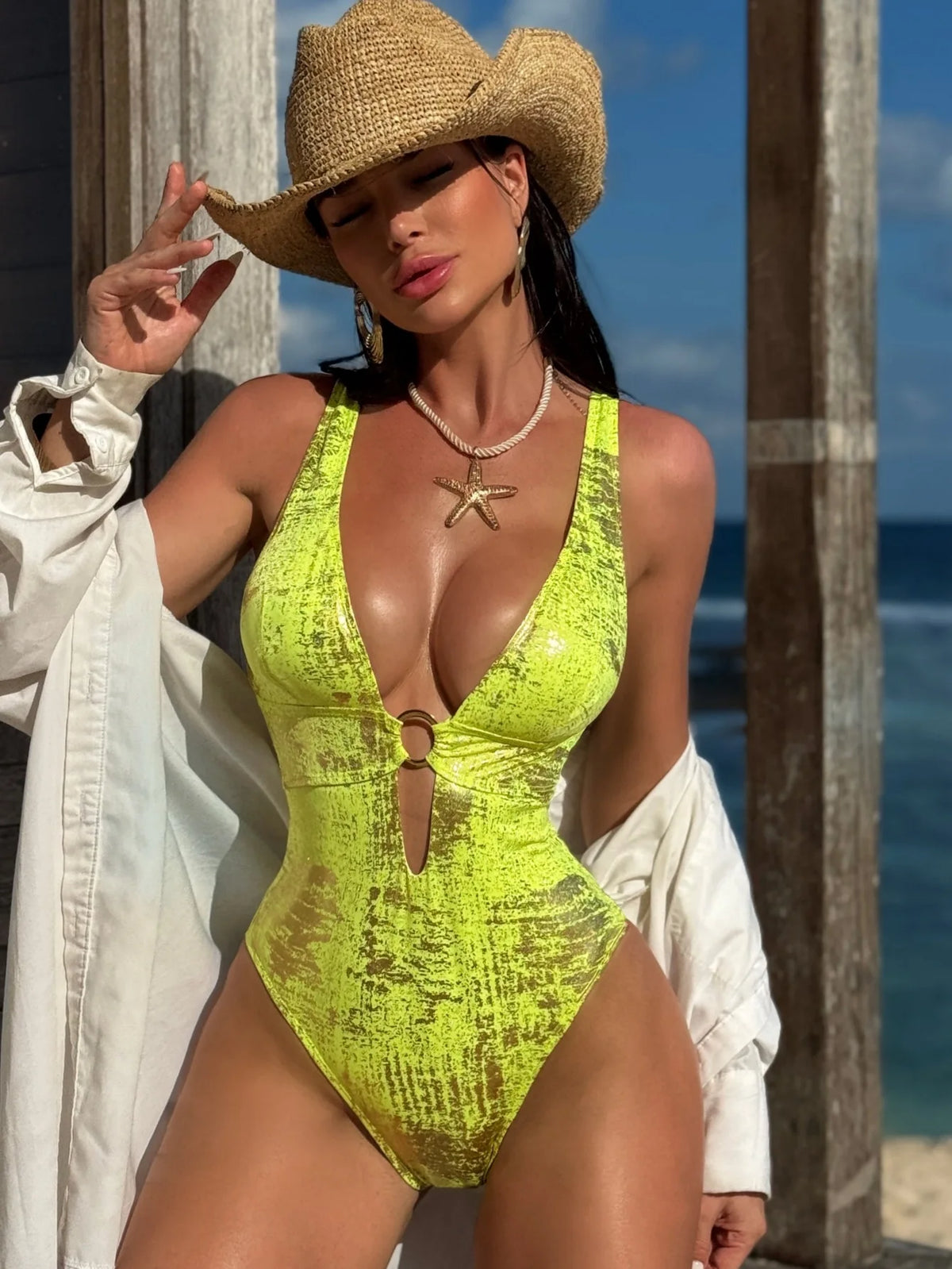 Sexy Neon Yellow Gradient Swimwear Women Deep V Neck Hollow Out Backless One Piece Swimsuit 2026 Bathing Suit Holiday Monokini