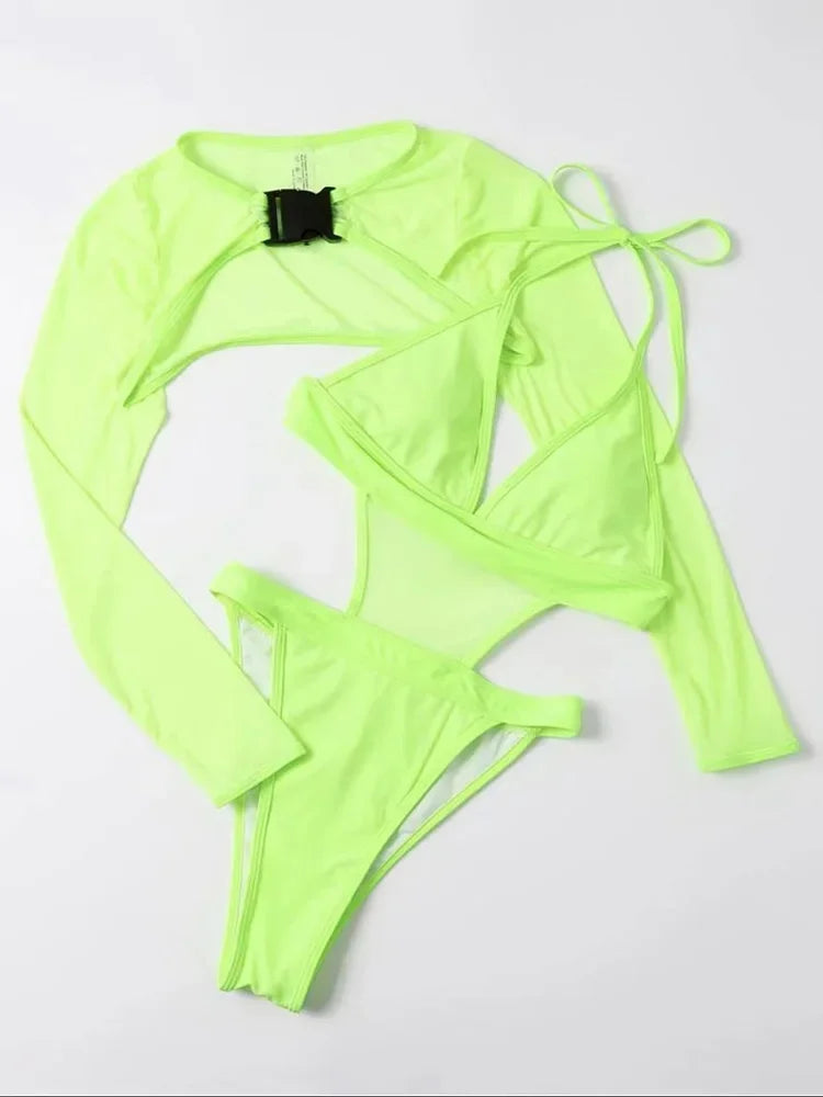 Neon Long Sleeve High Cut Out Women Swimwear One Piece Swimsuit Female Mesh Monokini Bather Bathing Suit Swim Lady Beachwear