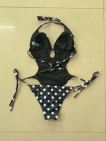 Sexy Black Polka Dot Print Swimwear Women 2026 Hollow Out Backless Tie Side Thong Bikini Bathing Suit Holiday One Piece Swimsuit