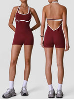 Color Blocking Yoga Jumpsuit Women Sleeveless Hollow Out Backless Slim Sports One Piece Short Suit Gym Running Fitness Rompers