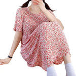 Summer Women Dress Small Flower Print Crew Neck Loose Short Sleeves Pleated Dating Shopping Midi Dress Mid-calf Length Pullover
