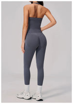 Summer Seamless Yoga Sets Women V Neck Slim Sports Tank Top Fitness Suit Peach Hip High Elasticity Leggings Running Tracksuit