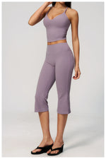 Summer New Yoga Clothing Women Solid V Neck Slim Sports Tank Top Athletic Wear High Waist Butt Lift Mid Pants Gym Fitness Suits
