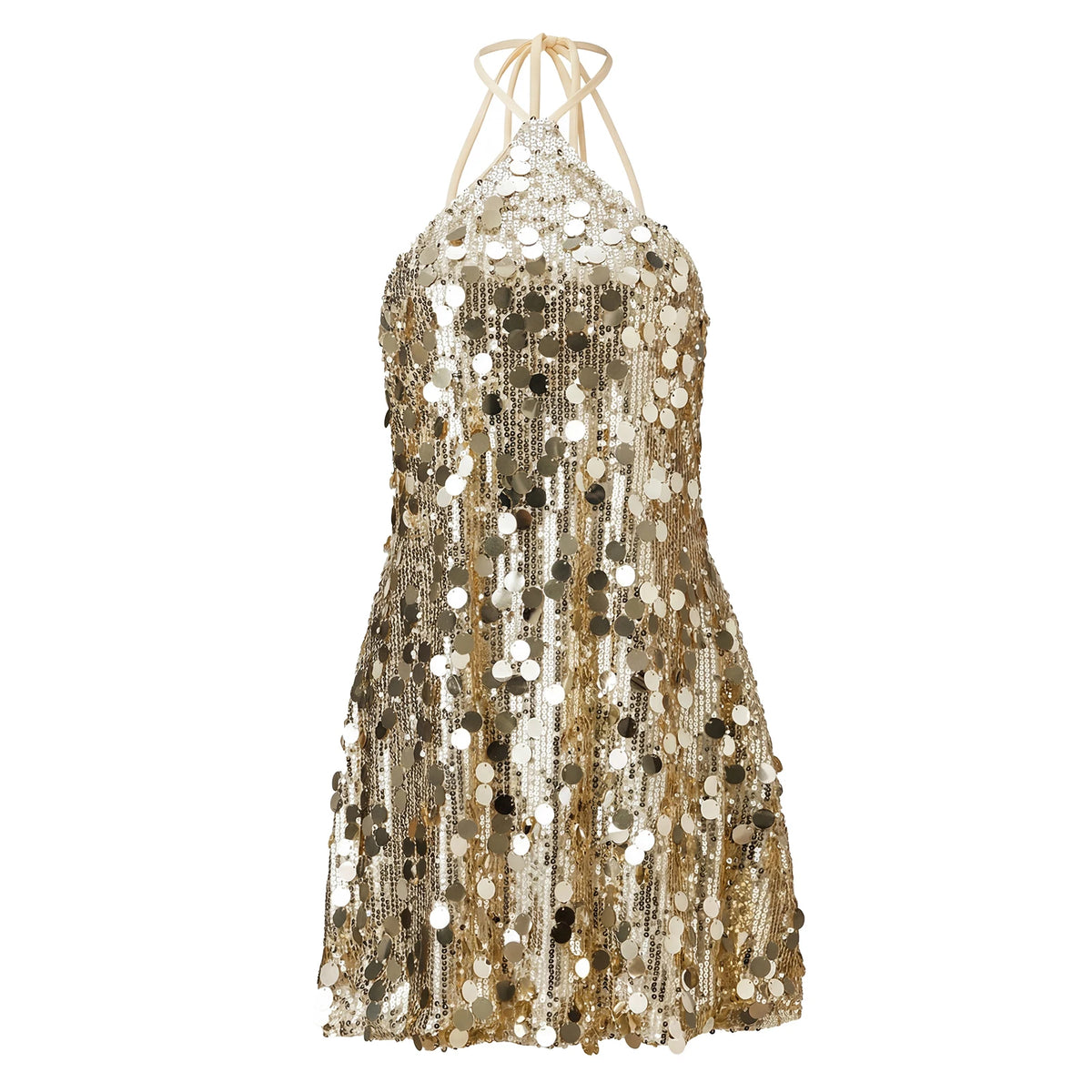 Women Summer Mini Dress Sparkly Sequin Sleeveless Halter Backless Slip Dress for Evening Party Date Night Streetwear