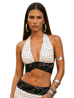 Women's Summer Halter Neck Vest Elegant Dot Print Sleeveless Open Back Crop Tops for Party Daily Wear