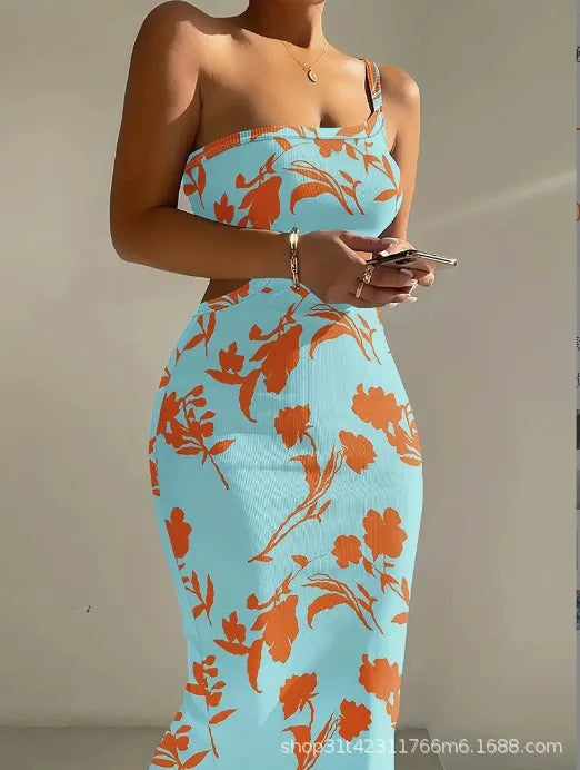 Print One Shoulder Spaghetti Strap Dresses Women Sexy Hollow Out Backless Package Hip Bodycon Dress Fashion Trendy Lady Vestidos