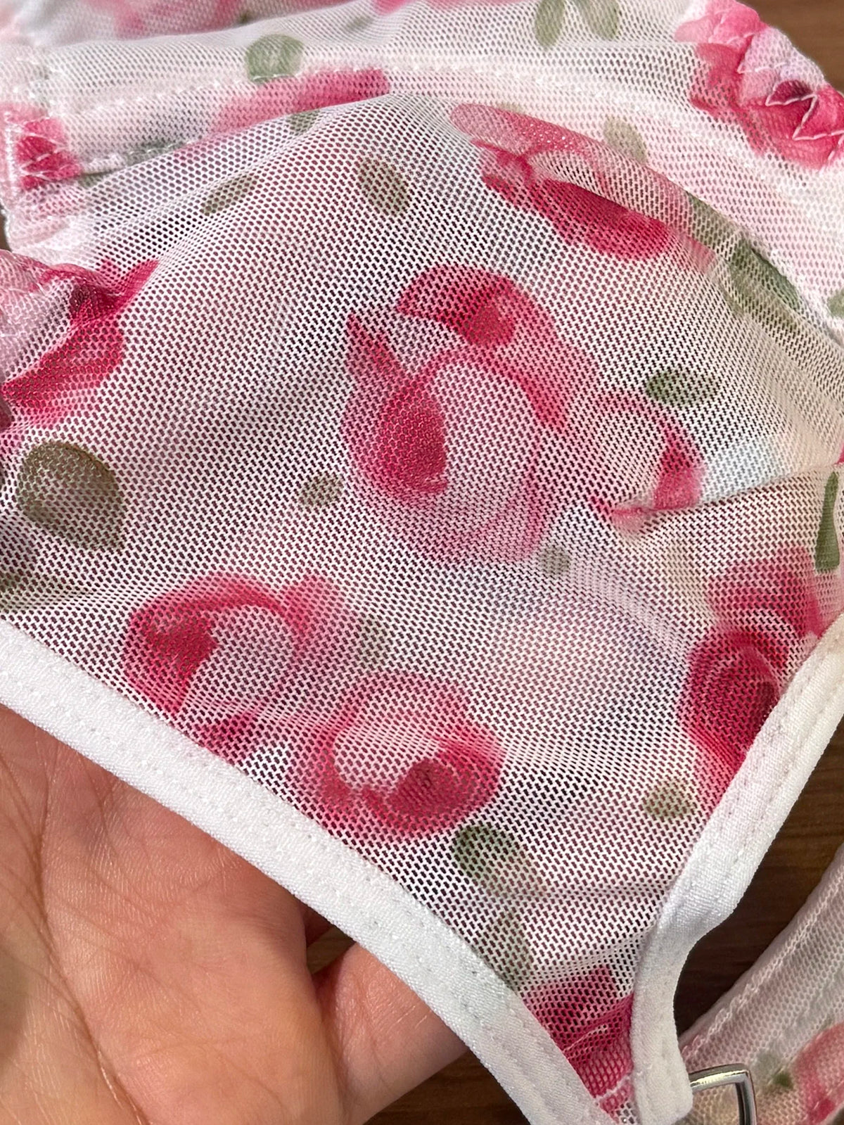 French Romantic Pink Rose Print Sheer Mesh Lingerie Set Heart Cutout Underwire Bra & Thong
