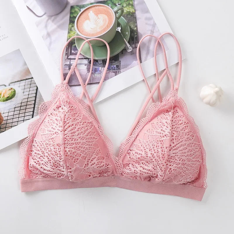 Women Scalloped Lace V Neck Padded Bra Fixed Non Adjustable Double Thin Strap Triangle Hollow Bralette One Size Underwear
