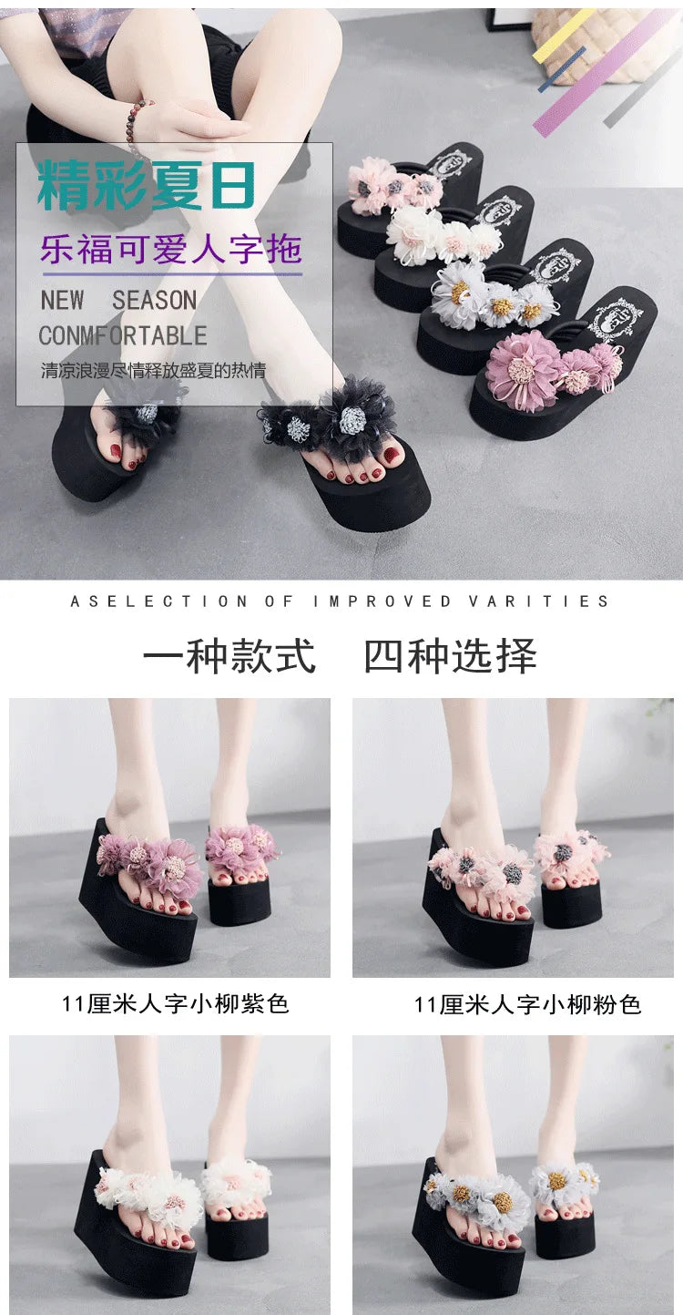 2025 New Beach Flip Flops For Women Summer Wedges Shoes Bohemian Flower Slippers Girls Sexy High Heels Street Platform Sandals