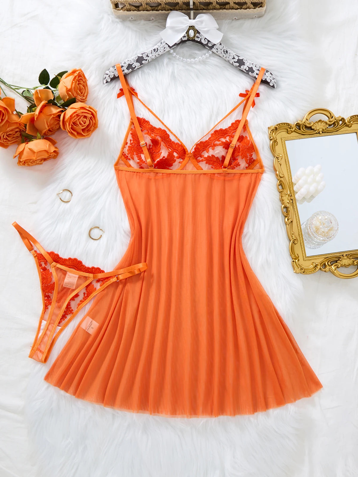 Summer-exclusive orange and peach sexy sleepwear set - sheer see-through lace bralette set for ladies ZA825066