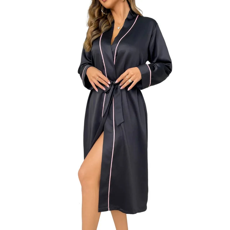 Summer Thin Long Length Ice Silk Robe Women's Fashion Minimalist Sexy Cardigan Bathrobe Manufacturer Stock Loungewear