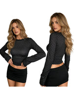 Women's Fashionable Dot Print Crew Neck Slim Fit Crop T-shirts Spring Summer Lone Bell Sleeve Tops