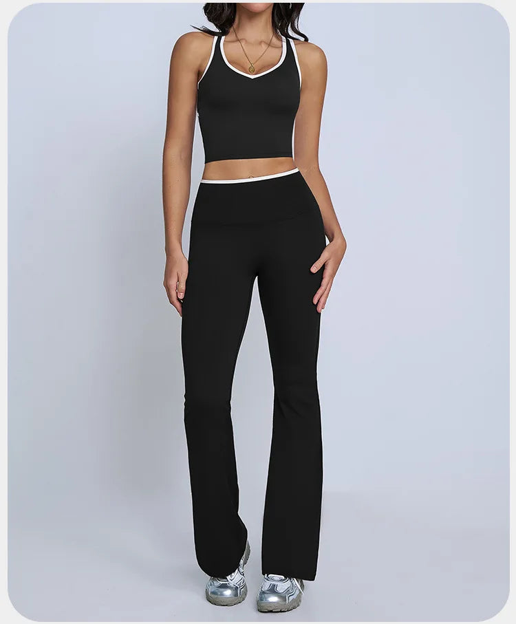 Tight Naked Yoga Shorts Suit Women Double Strap Sports Bra High Waist Flare Leggings Fitness Suit Gym Running Workout Clothes