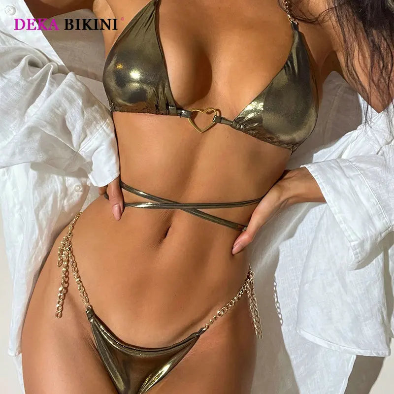 DEKA Gold Chain Bikini Set Women Shiny Golden Halter Lace Up Pleated Swimsuits Thong Swimwear Bathing Suit Beach Wear Biquini