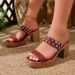 Women Sandals Summer Casual Open Toe Rhinestone Decoration High Heels Female Slip on Chunky