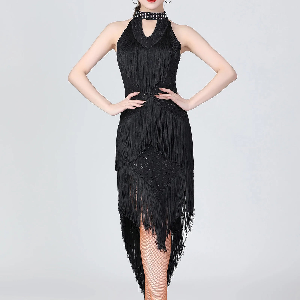 Women's Sparkling Sequin Carnival Irregular Tassel Dress Latin Dance Stage Costume Squins Fringe Tassel Sexy Bodycon Party Dress