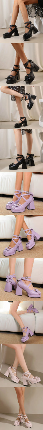 Big Size 48 Sweet Purple Mary Janes Pumps Lovely Pink Lolita 9cm Block High Heels Shoes Women Cute White Bow Knot Platform Shoes