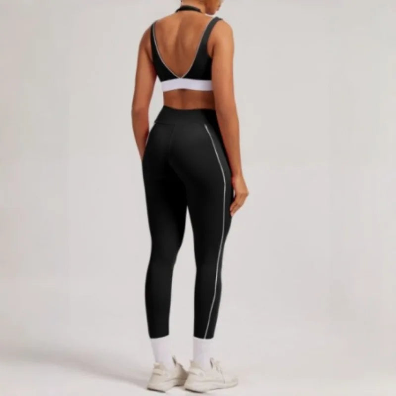 Women's Yoga Sets Sports Fitness V-Neck Halter Sports Bra Color-Block Hip-lifting Pants Suits Running Training Workout Gym Sets