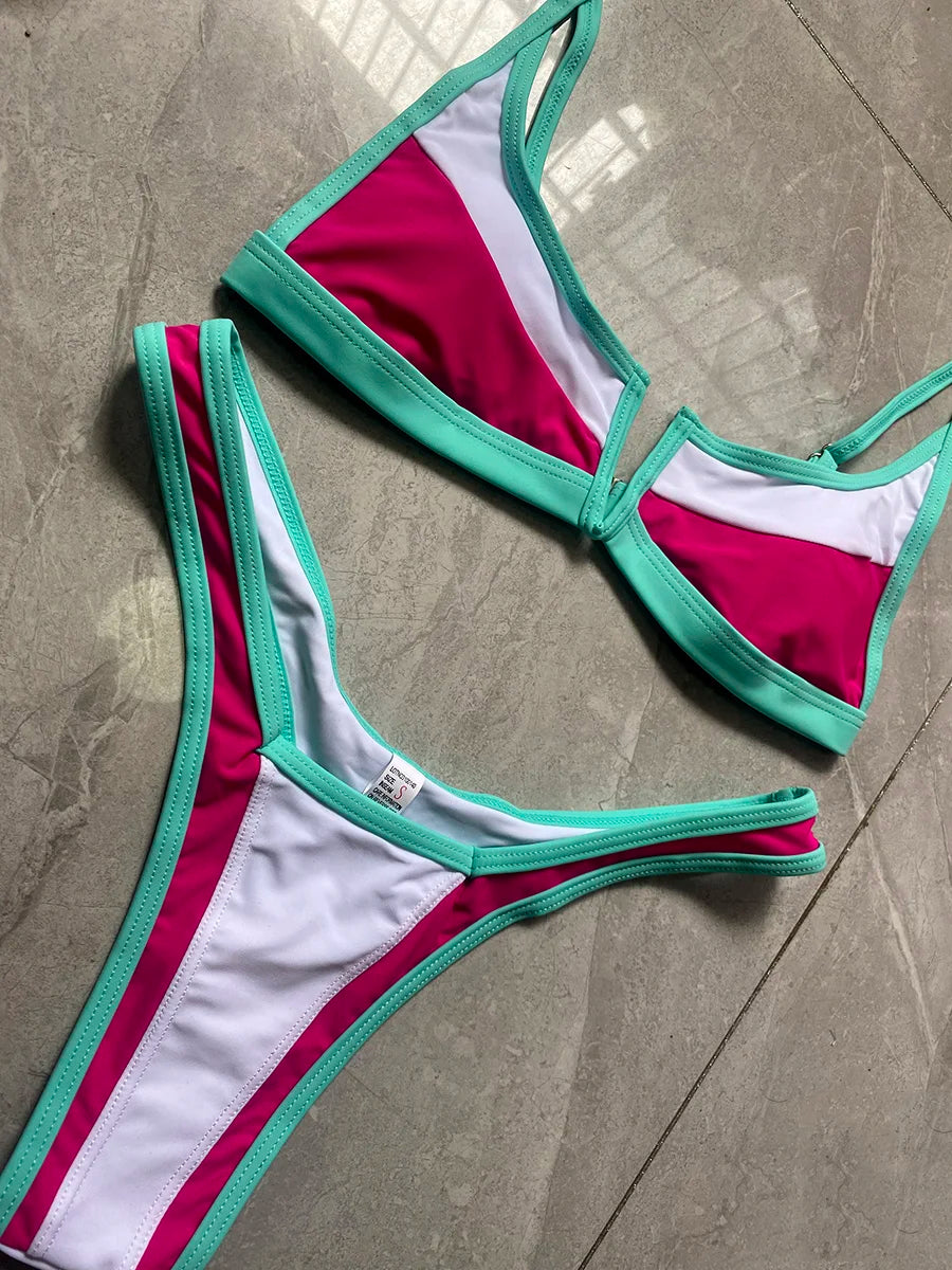 S - XL Splicing V Shaped Thong Bikini Women Swimsuit Female Swimwear Two Pieces Bikini Set Bather Push Up Bathing Suit Swim Lady