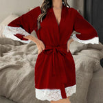 2025 New Ladies Elegant Satin Robe Lace Trim Kimono Short Sleepwear Nightgown V Neck Belted Bridal Loungewear Bridesmaid Gift