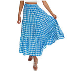 2026 Summer Vintage Checkered Maxi Skirt Women High Waisted Elastic Plaid Ruffle Long Skirts Retro Sweet Cake ALine Skirts