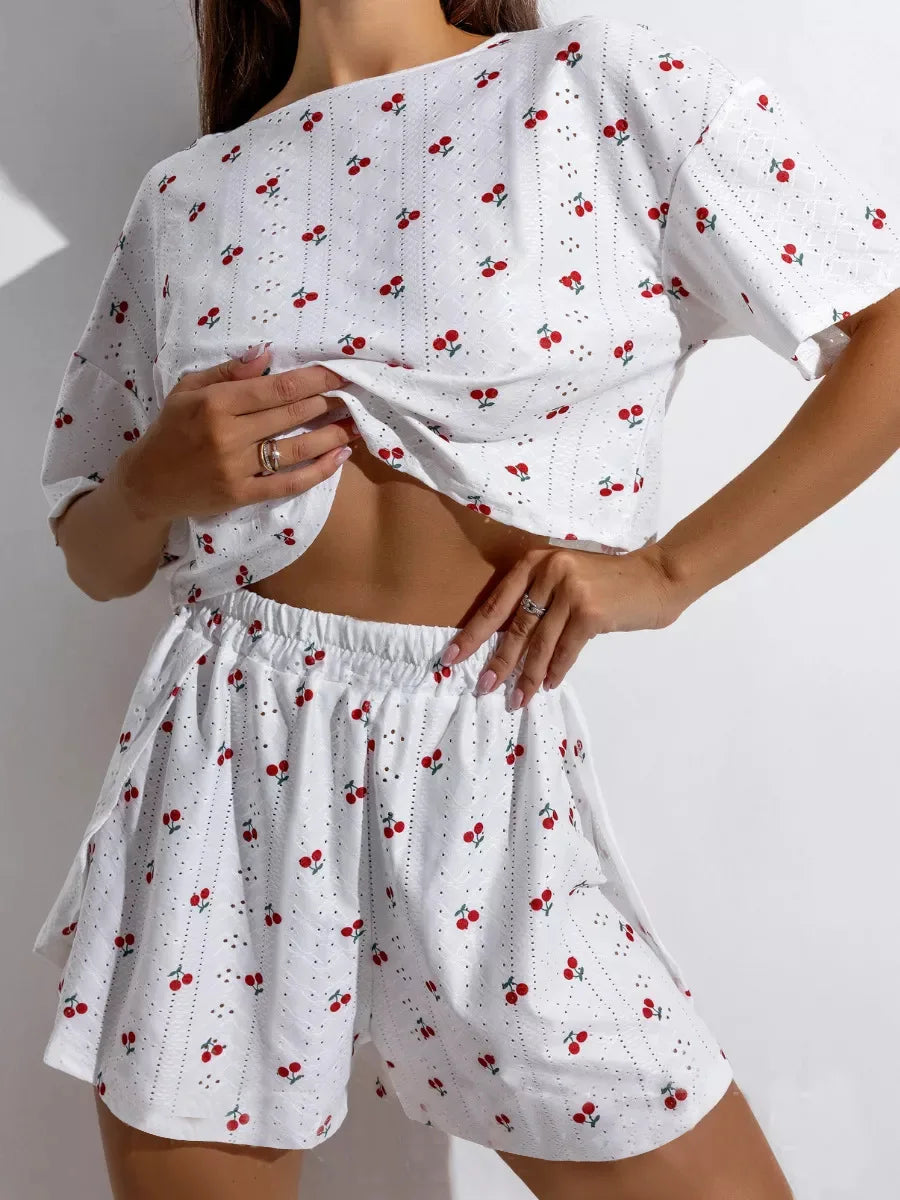 Women Pajamas Set Women's Short Sleeve Shorts Jacquard Print Summer Fashion Two-piece Pajamas Homewear Set Loungewear for Women