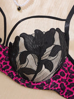 Sweet and cool rose-pink leopard print floral embroidery lingerie set - Hot girl style mesh 3/4 cupped bra thong set ZA825183