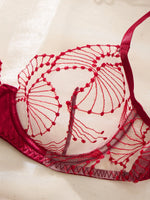 Sexy Red Floral Embroidery Lace Bra Thong Set Women Sheer Mesh Satin Trim 2‑Piece Intimate Lingerie Underwear Sleepwear ZA825287
