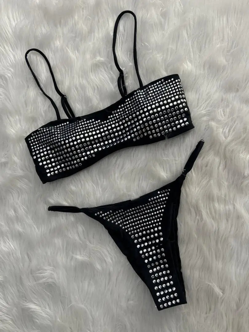 Luxury Black Bikini 2026 Women Sexy Diamond Rhinestone Push Up Mini Swimsuit Brazilian Beach Bathing Suit Thong Swimwear Biquini