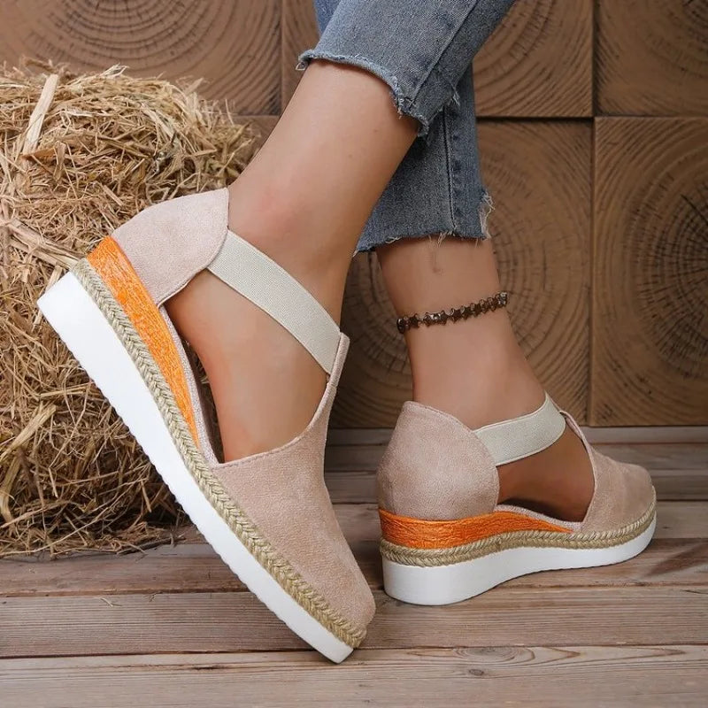 Women Closed Toe Wedge Sandals Summer Fashion Solid Color Pointed Elastic Band Elegant Comfortable Sandals for Women