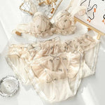 Japan Style Embroidered Mesh Bralette Wireless Breathable Comfort Sweet Cute Lingerie Set Pure Sensual Ruffle Edge Small Chest