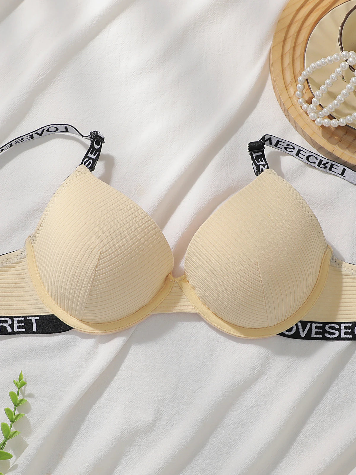 Women Ribbed Push Up Bra Letter Print Adjustable Shoulder Strap Underwire Brassiere Fashion Daily Lingerie R8809