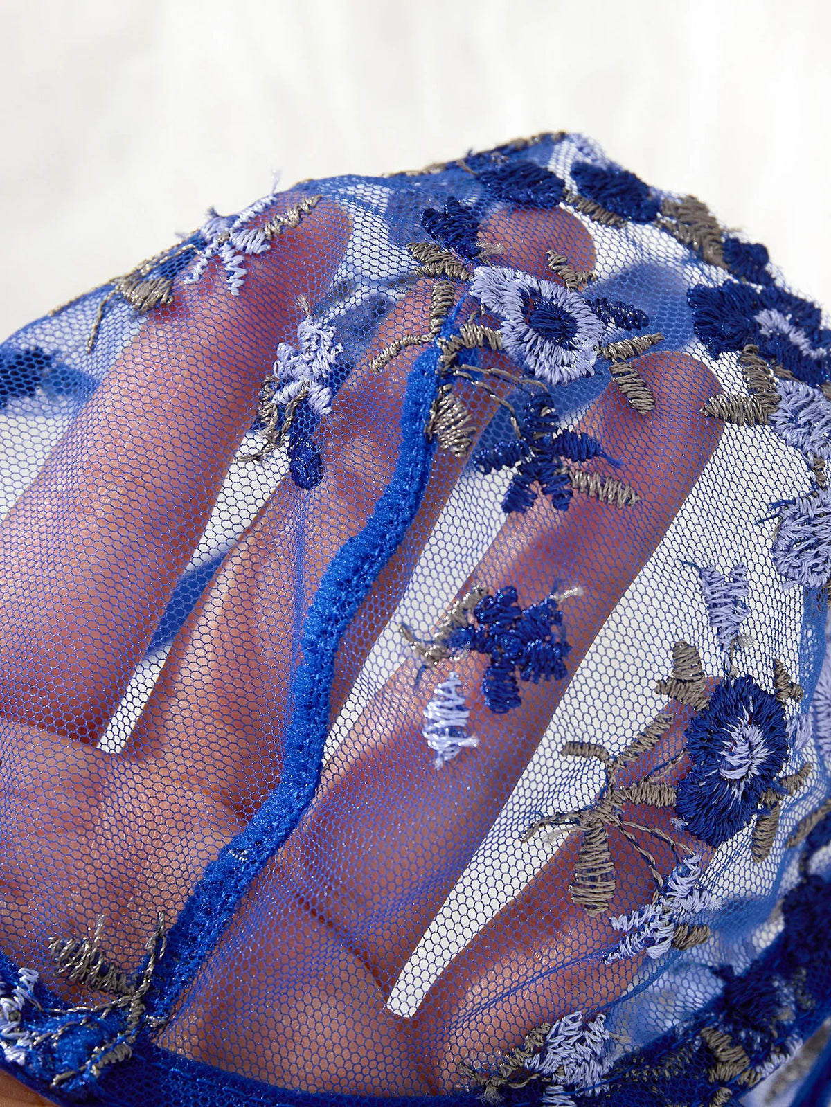Women's Royal Blue Floral Embroidery Lingerie Set Half Cup Push Up Bra And Thong Sheer Mesh Lace Comfortable SexyUnderw ZA824026