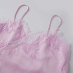 Women Solid Color Lace Trim Satin Camisole V Neck Spaghetti Strap Backless Asymmetrical Tops Trendy Summer Streetwear