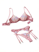 French Romantic Pink Satin Embroidered Lingerie Set Bra + Thong + Stockings Three-Piece Set