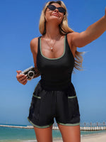 Black White Patchwork Swimwear Women 2026 Sport U Neck Pleate Pocket Tummy Control One Piece Swimsuit Beach Holiday Bathing Suit