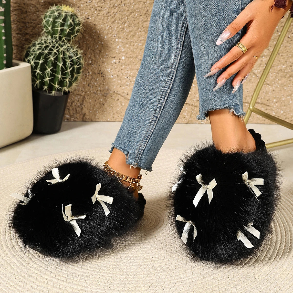 Women Winter Fluffy Closed Toe Slippers Sweet Bow Ornament Soft Non‑Slip Sole Warm Cozy Indoor Outdoor Casual Footwear