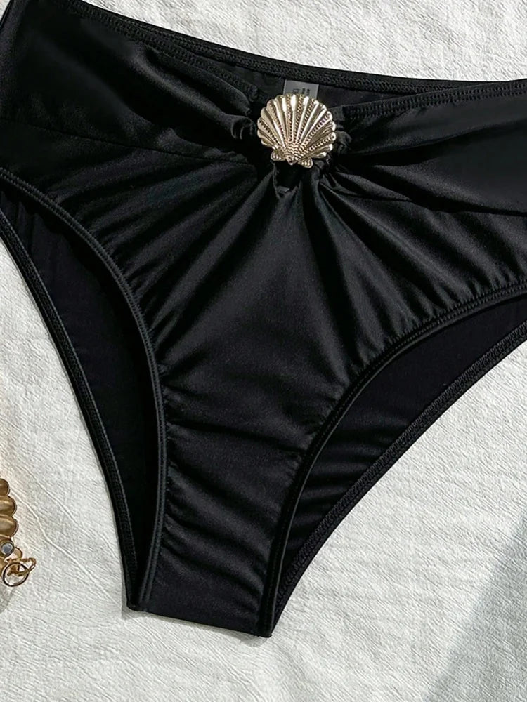 Sexy Metal Shell High Waist Bikini Set Women Black Coffee Pleate Push Up Two Piece Swimsuit 2026 Holiday Bathing Suit Swimwear