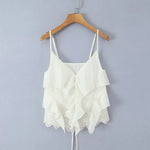 Women's Ruffled Lace Trim Loose Pants For Woman White Ruffled Embroidery Camisole Straps Button Front For Sweet Summer Look WM6E