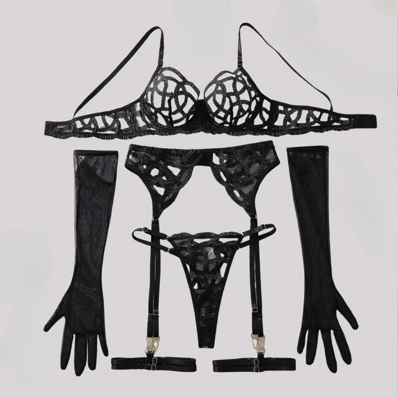Toucheart Sexy Mesh Solid Color Lace See-through Interesting Hollow Out Underwear Garters Backless Steel Ring Patchwork Sexy Set