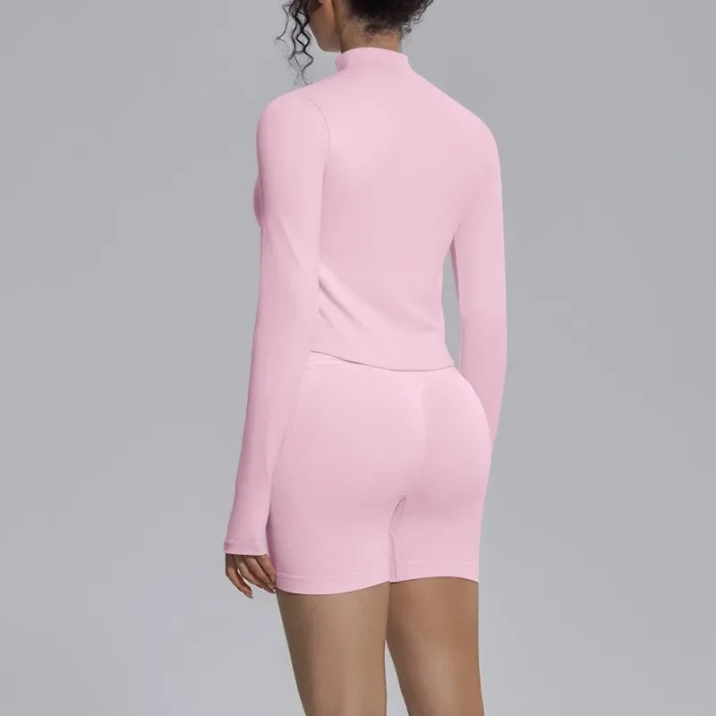 Women's Seamless Yoga Sets Sports Fitness Gym Zipper Long-Sleeve Jacket Hip Lift High-Waist Shorts Suits Workout Training Sets