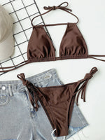 2026 Sexy Bikini Women Swimsuit Swimwear Brown Hollow Halter Double Ropes Bikinis Set Bathing Suit Beach Bikini Female Banadores