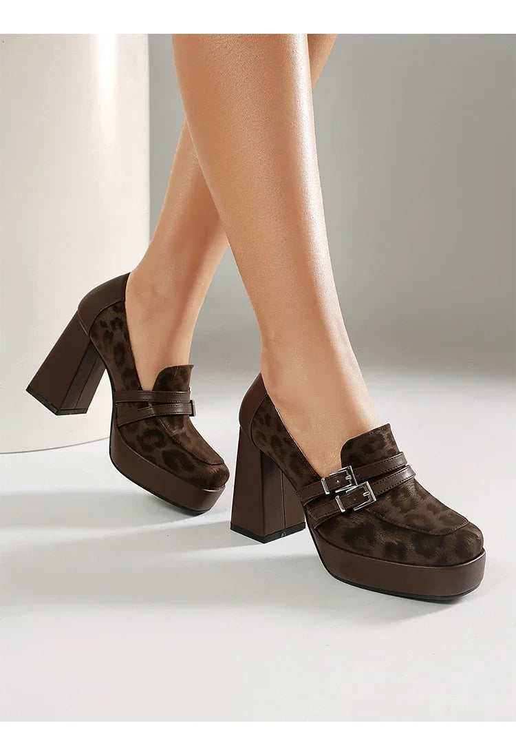 Square Toe Platform Double-Layer Buckle Shallow Sleeve Office Pumps Ultra-High Thick Heel Breathable High Heels