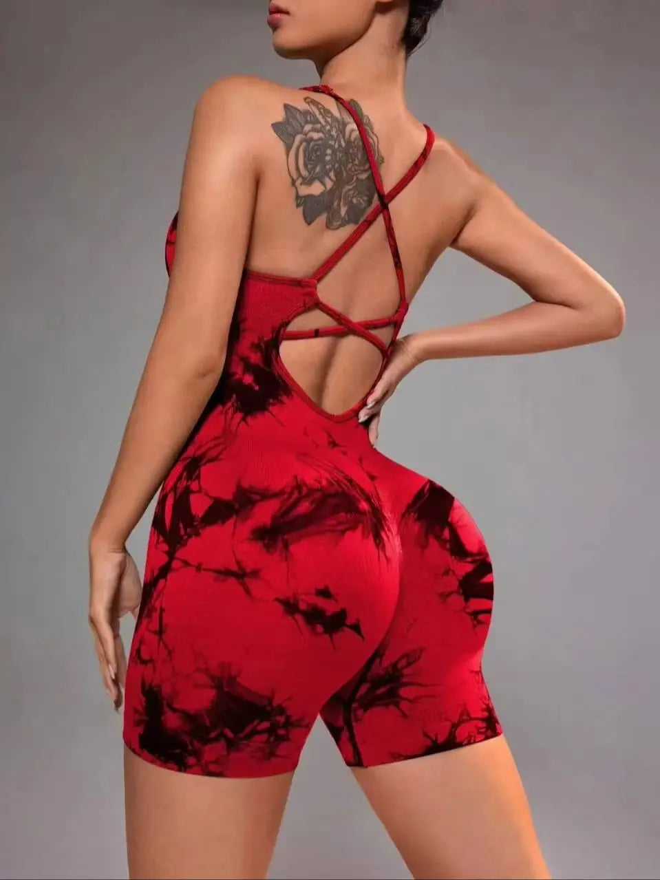 Cross Back Tie-Dye One Piece Yoga Shorts - Stylish Cropped Yoga Jumpsuit for Women