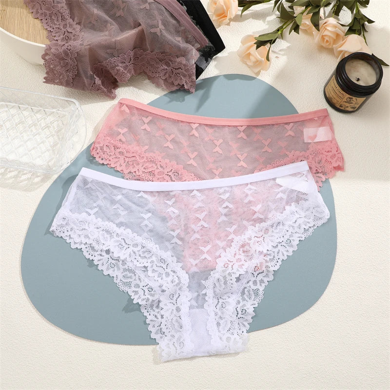 4PCS Lace Bikini Briefs Panties Women's Transparent Lingerie Sexy Female Underpants Floral Lace Perspective Waist Band Briefs